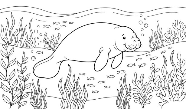 Manatee or Dugong Underwater Vector Illustration and Marine Animal Coloring Page