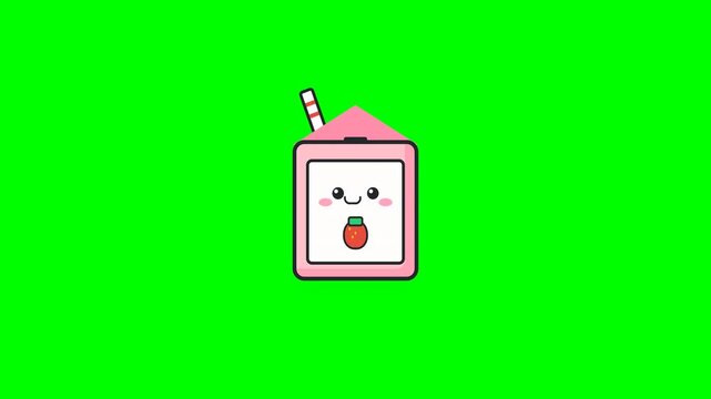 Kawaii pink strawberry juice boxes pattern on green background