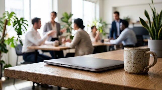 Laptop and coffee cup on a wooden table with a blurred business team meeting in the background.