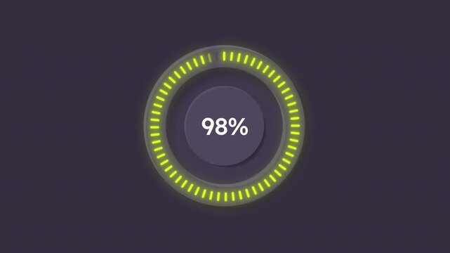 Yellow dashed animated percent circle loader on dark background. App installation circular percentage progress bar isolated. Loading indicator animation. HD video with alpha channel
