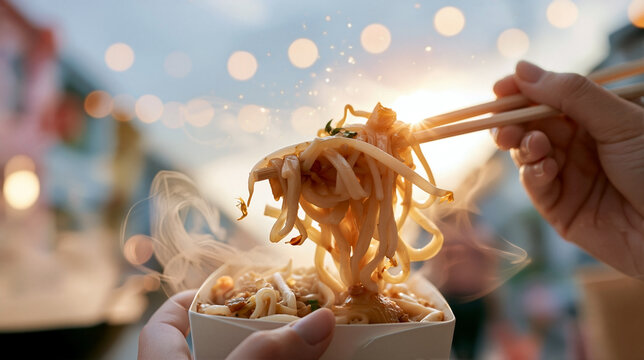 Female fingertips holding takeaway box of char kway teow noodles while feeding noodles with chopsticks and blurred george town heritage street buildings