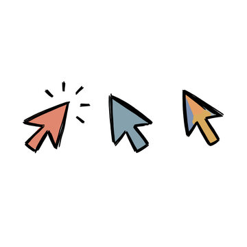 Hand drawn doodle mouse cursor arrow icon set with click gesture isolated on white background
