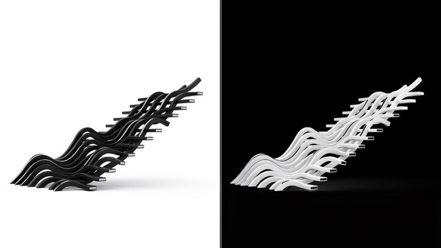 Abstract 3d render of parallel wavy lines in black and white, featuring a rhythmic undulating pattern on contrasting light and dark backgrounds