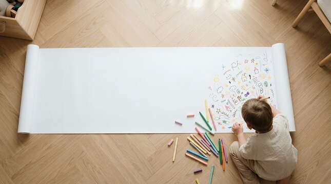 A young child sitting on the floor drawing on a very long roll of paper.