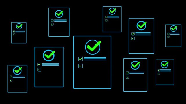 Quality checklist documents validation and compliance, standards, approvals and workflows for reliable and consistent product and service quality. transparent motion animated black background