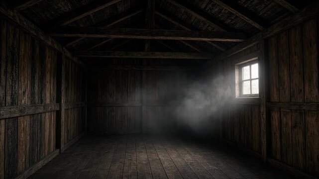 Smoke beneath wooden rafters in an empty rustic room
