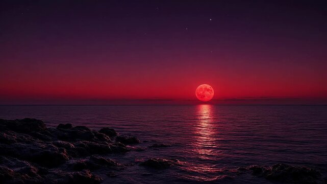 Red sun above a dark ocean in an imagined alien landscape