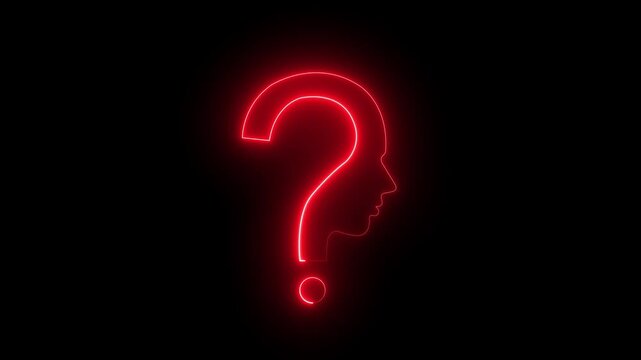 Red neon question mark with human head silhouette, abstract concept of thinking and problem solving on black background