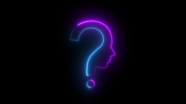 Neon glowing question mark human profile silhouette animation, abstract concept of thinking and artificial intelligence, futuristic digital background