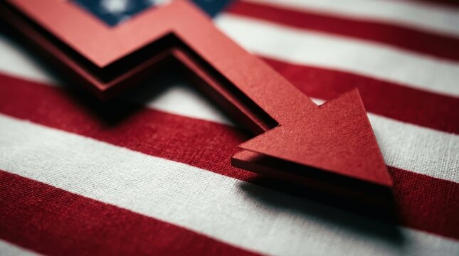 Red arrow pointing downwards on American flag fabric economics global economy economic growth