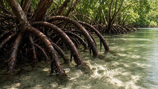 Sunlight in shallow water beneath tangled mangrove roots
