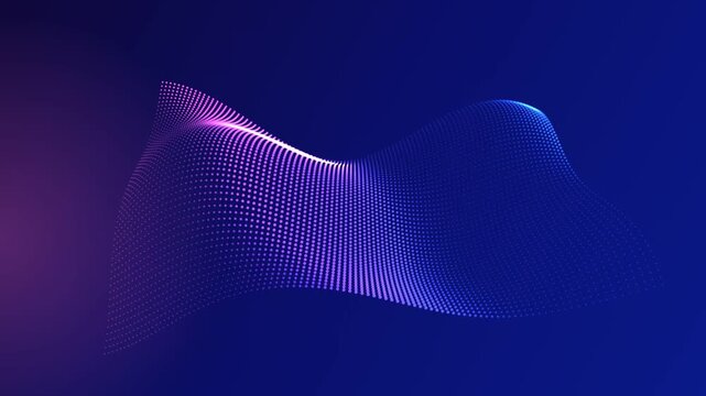 Abstract glowing blue and pink particle wave moving smoothly across dark digital space background