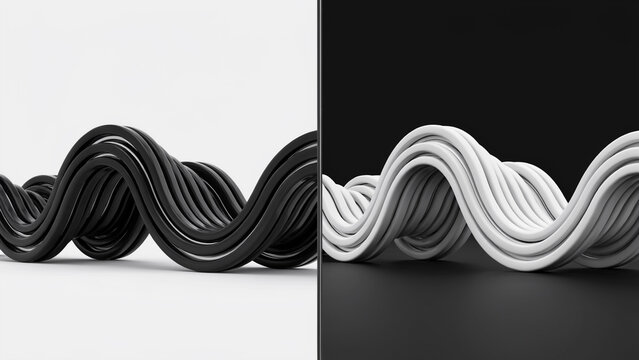 Abstract wave-like structure composed of multiple parallel black and white tubes, creating a rhythmic flowing pattern on a split background