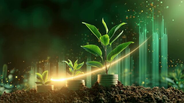 Green seedlings growing from coin stacks with a glowing financial growth chart