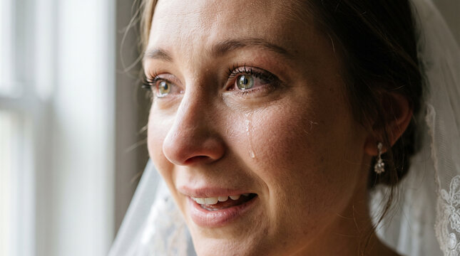 Close up portrait of emotional bride with tear of joy on her cheek
