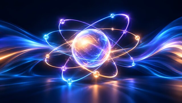 Glowing abstract atom model with blue orbital rings and amber core illustrating quantum physics and nuclear energy concepts
