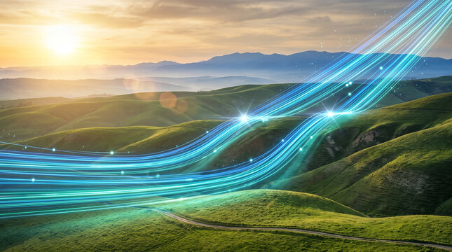 Digital data flow of information over a green hilly landscape at sunset, representing highspeed internet connectivity and technological progress