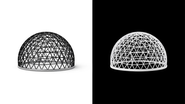 Geodesic dome structure with a detailed triangular lattice framework, presented in a split black and white background, 3d rendered