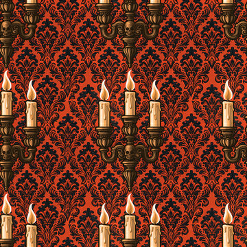 Repeating damask wallpaper with skull candlesticks and burning candles. Halloween and Day of the Dead design. Gothic ornament for seasonal decor and print. Seamless decorative pattern