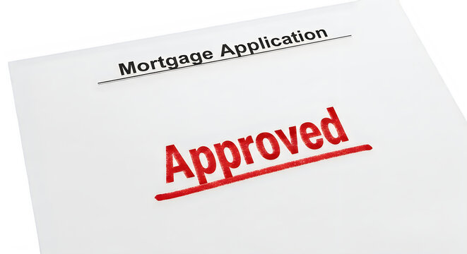 Document showing mortgage application with red ink approved stamp for bank loan approval.