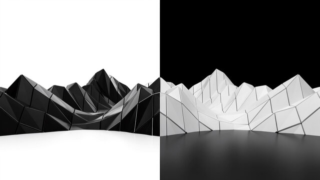Low poly mountain landscape split into two halves, one black and one white, featuring sharp geometric triangular facets and a reflective surface