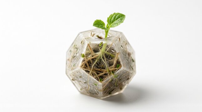 Modern geometric glass planter with growing plant sprout, green sapling in clear polyhedral vessel, eco concept for botanical growth on white background