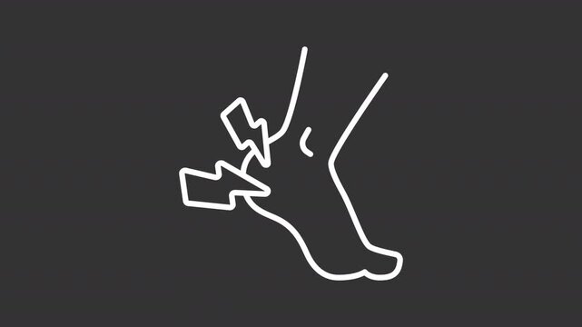 Animated human ankle with lightnings white line icon. Chronic joint pain outline animation. Injuring leg during physical activity. Body parts health. Dark mode linear motion graphic loop