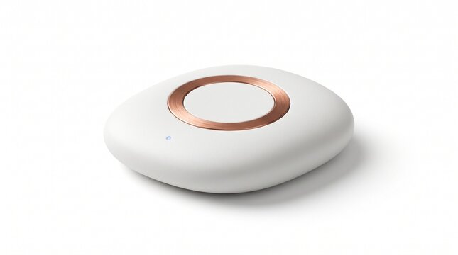 Modern wireless charger pad with rose gold ring, sleek fast charging station, minimalist electronic accessory on white background