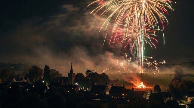 Vibrant multicolored fireworks explode over a silhouetted village at night, creating a festive celebration atmosphere