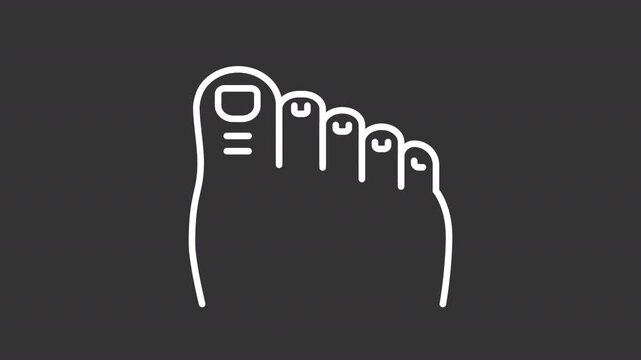 Animated human foot with toes white line icon. Podiatry medical care outline animation. Feet wellness and pedicure beauty service. Body wellness. Dark mode linear motion graphic loop