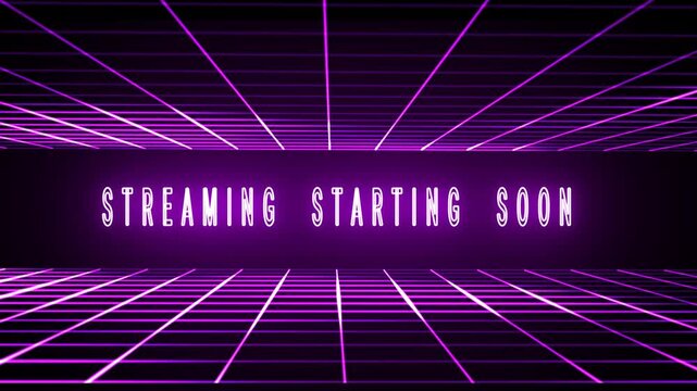 Streaming starting soon text on purple neon retro grid background, synthwave style live stream intro screen, glowing animated banner