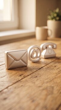 Minimalist metallic communication icons representing email address and telephone contact methods arranged neatly on a wooden office desk surface near a window