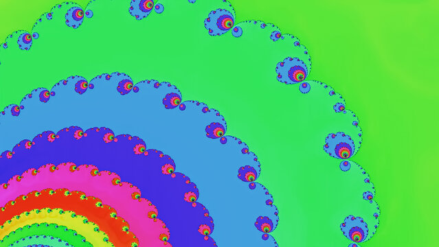 Fractal designs created with bright colors on a green background display intricate patterns and movement in visual art
