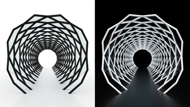 Symmetrical tunnel structure with a hexagonal lattice grid, shown in black on white and white on black for a contrast visual comparison view