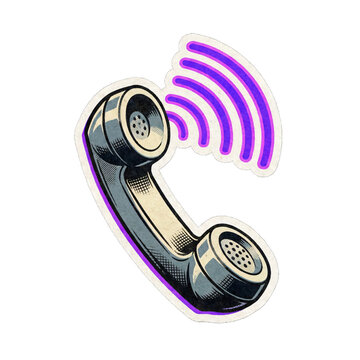 Retro analog telephone handset sticker with purple sound waves in line pop art isolated on transparent background for vintage hotline call contact communication badge design asset