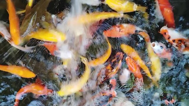 Close up shot of various colorful koi fish swimming together in a clear pond. Beautiful decorative water ripples and fish motion for nature and relaxation video project.