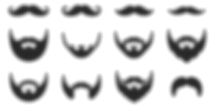 Monochrome halftone dotted beard and mustache icon set. Retro facial hair symbol collection with fading dot pattern. Black and white vintage vector graphic design element template.