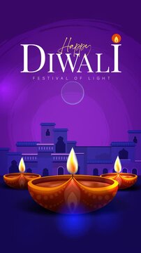Elegant Happy Diwali Festival Celebration with Glowing Traditional Diyas on Purple Background 4K Vertical Motion Graphics Animation