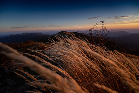 Autumn sunset landscapes in Bieszczady Mountains, Poland
