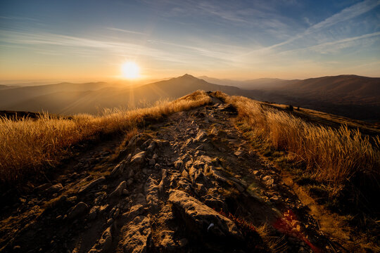 Autumn sunset landscapes in Bieszczady Mountains, Poland
