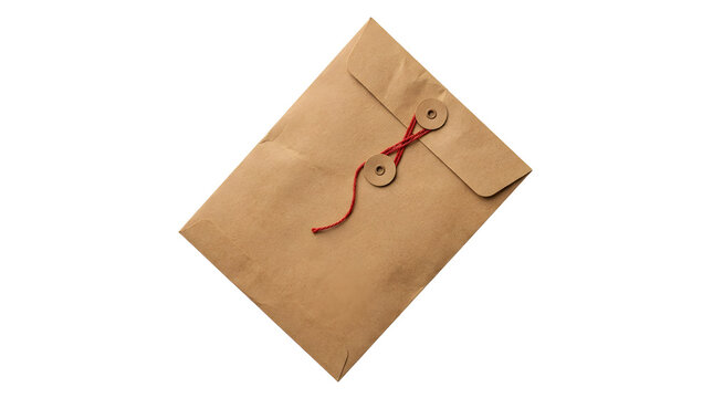 Craft paper envelope with red string closure isolated on black background for mailing and communication concepts