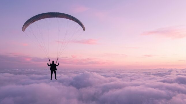 Silhouette of a person paragliding above a sea of clouds at sunset with a pink sky