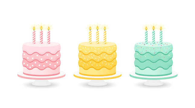 Three colorful birthday cakes with candles
