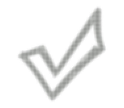 Monochrome halftone dotted checkmark illustration. Abstract validation and success symbol with fading dot pattern. Modern minimal correct sign vector graphic design element template.