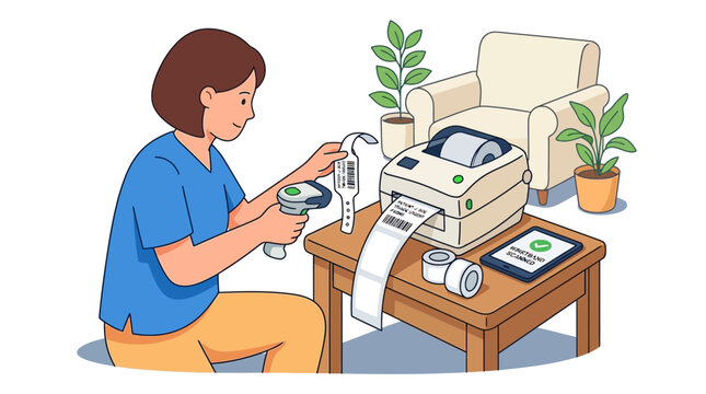 Woman scanning barcode label using handheld scanner next to printer