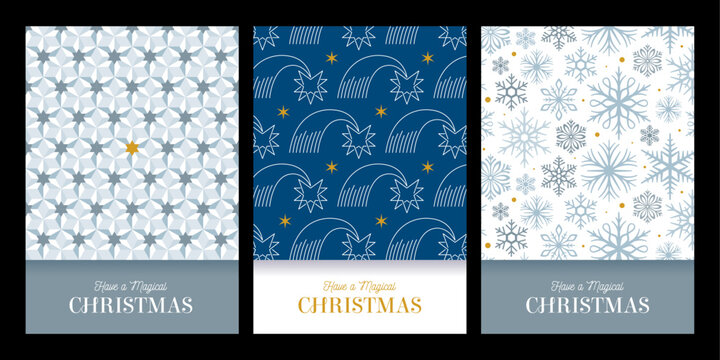 Vector set of three magical Christmas cards featuring geometric seamless textures, shooting comets, and a detailed snowflake pattern with elegant holiday typography.