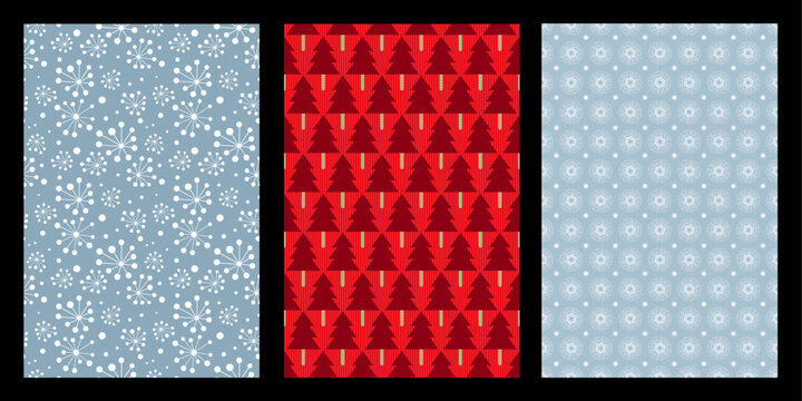 Vector set of three seamless Christmas patterns featuring mid-century starburst dandelions, geometric red fir trees, and delicate ice crystal snowflakes.