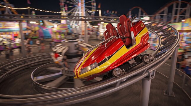 Roller Coaster Thrill Ride: A red and yellow roller coaster car speeds along its track, surrounded by the vibrant lights and attractions of a bustling amusement park at night.