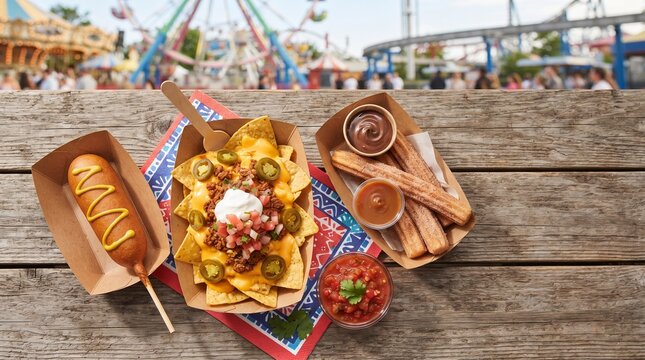 Theme Park Treats: A delightful spread of classic theme park fare&mdash;corndog, loaded nachos, and churros&mdash;served on a rustic wooden table, with a lively amusement park blurred in the background.