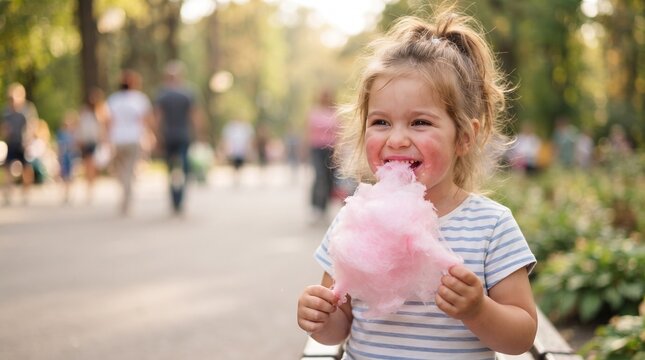 Sweet Delight in the Park: A joyful little girl with rosy cheeks savors a cloud of fluffy pink cotton candy on a sunny day in a park.